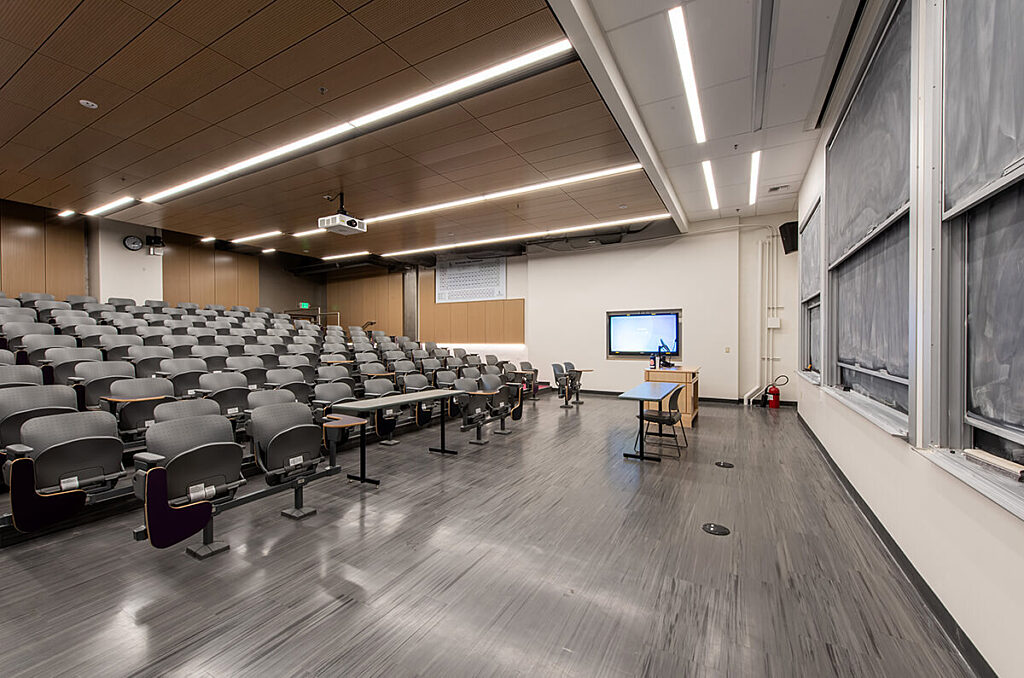 View of Bagley Hall classroom standing at front of room looking out at rows of seats in auditorium