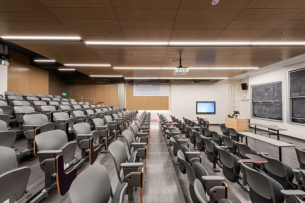 View of Bagley hall classroom looking straight across a row of seats
