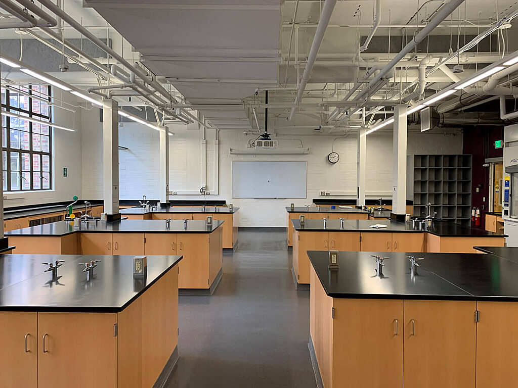 Bagley Hall lab room has lab equipment and lab tables for instruction