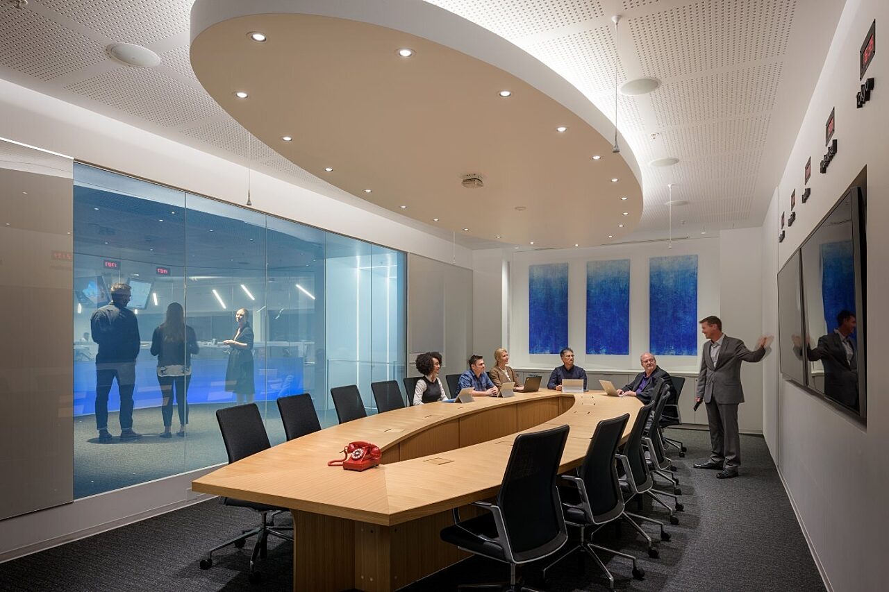 Meeting room with a long conference table in the Cyber Defense Operations Center at Microsoft