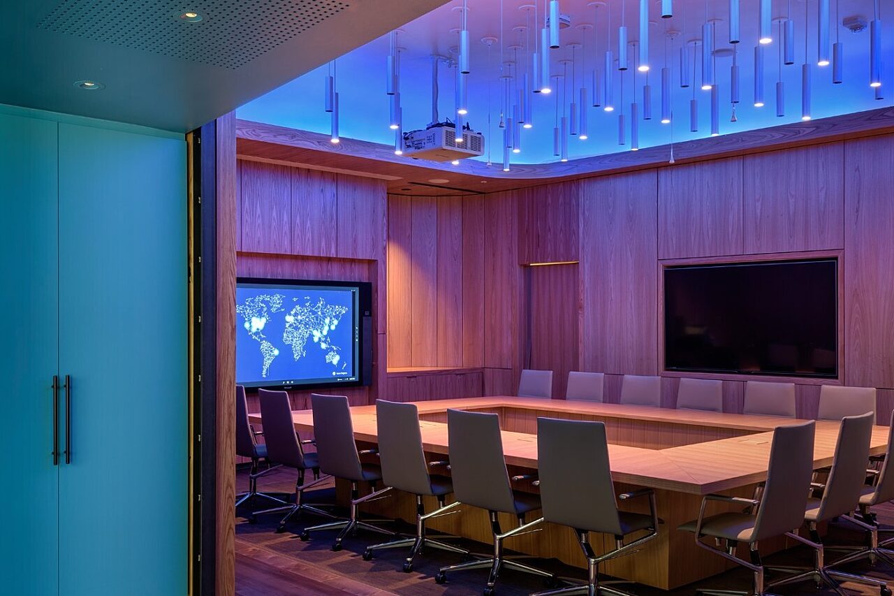 Meeting room with a square conference table in the Cyber Defense Operations Center at Microsoft