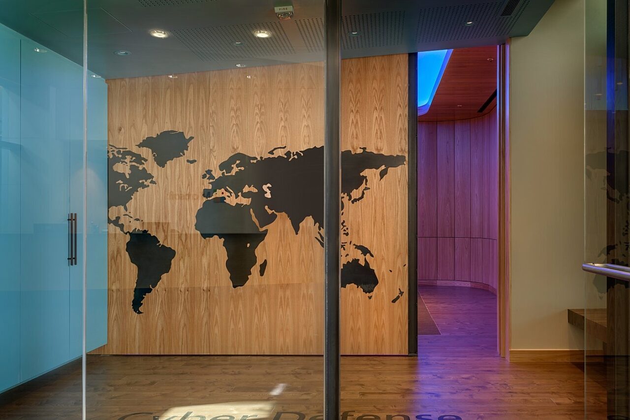 Work space and meeting room in the Cyber Defense Operations Center at Microsoft