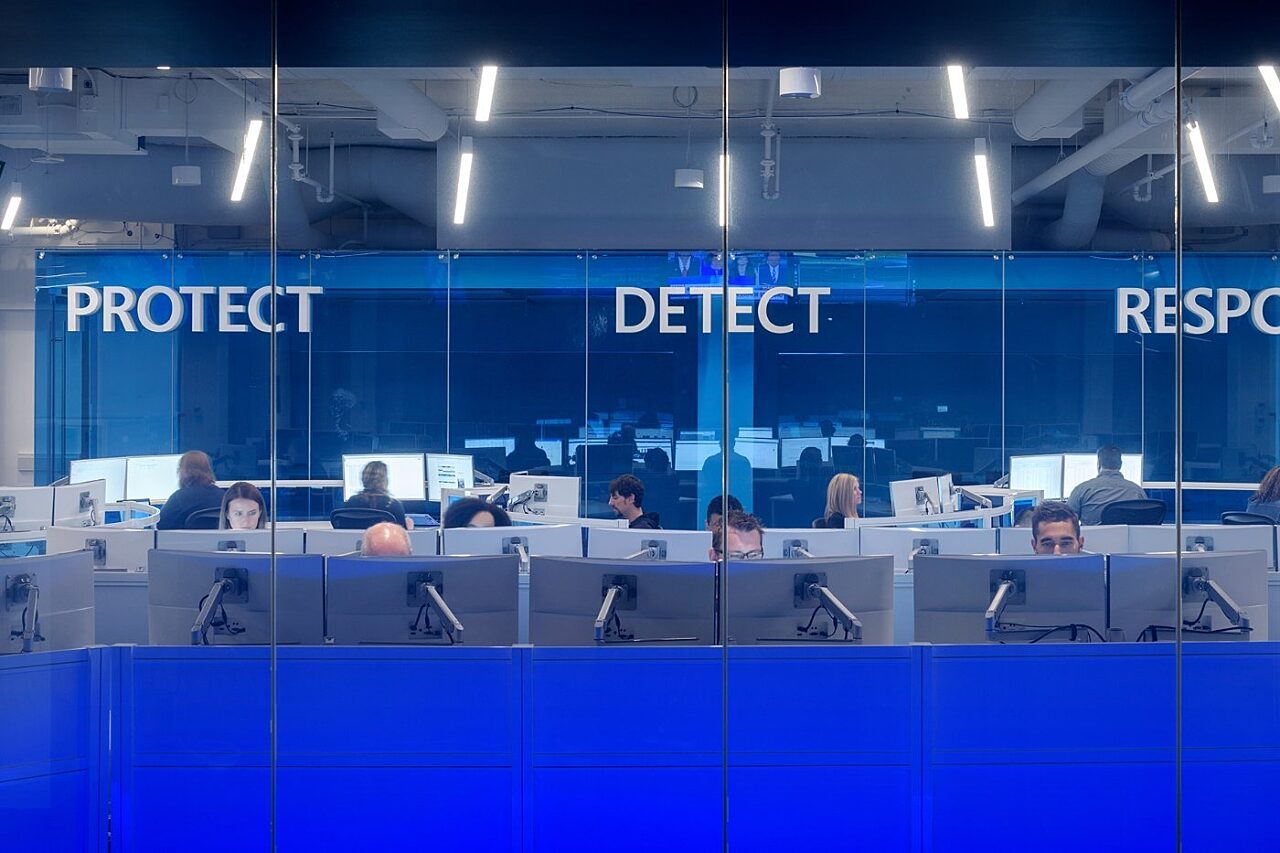Control room with workstations in the Cyber Defense Operations Center at Microsoft