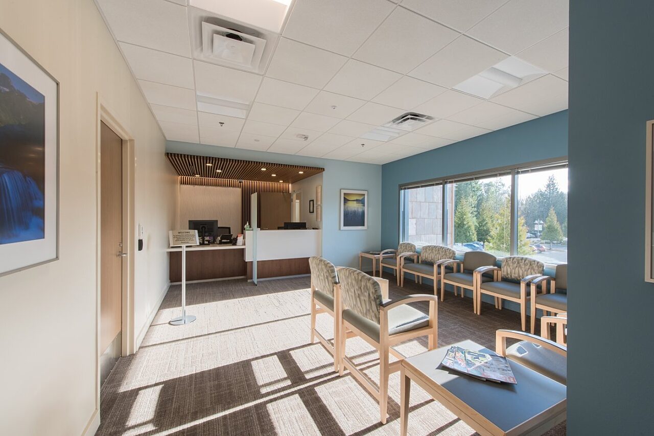 Reception and patient waiting area with windows at Milgard Medical Pavilion Suites