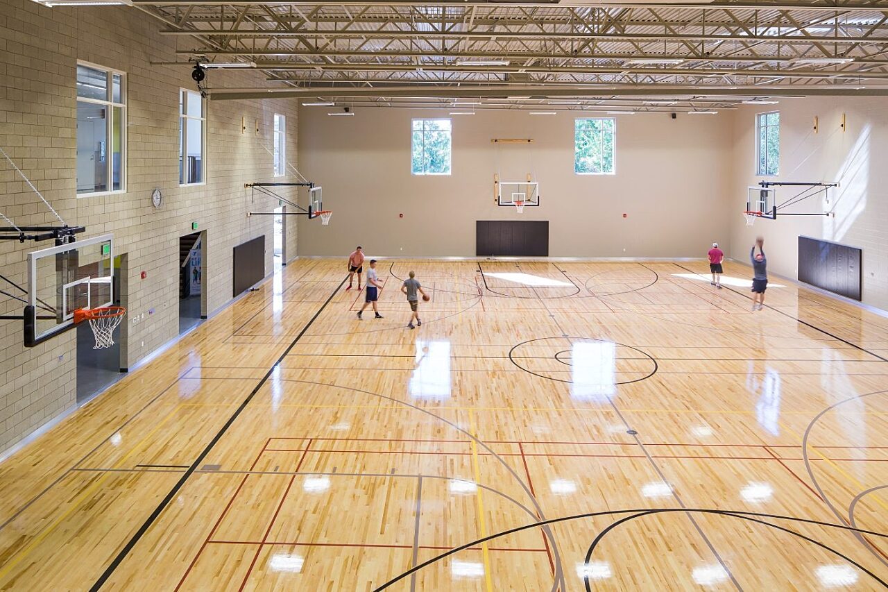 Basketball court and game at Stanwood-Camano YMCA