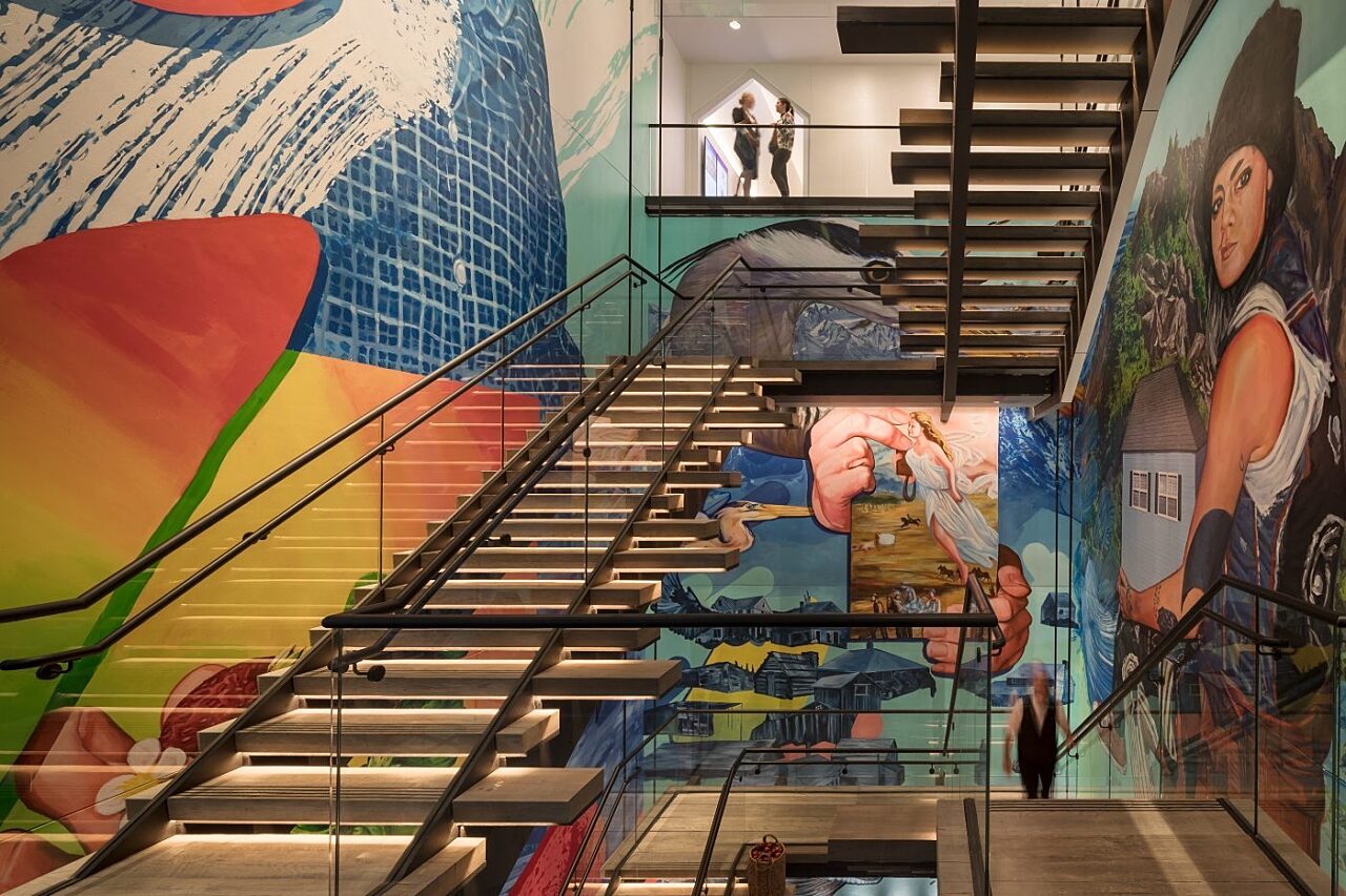 Deconstructed staircase and wall art murals at W Hotels Bellevue