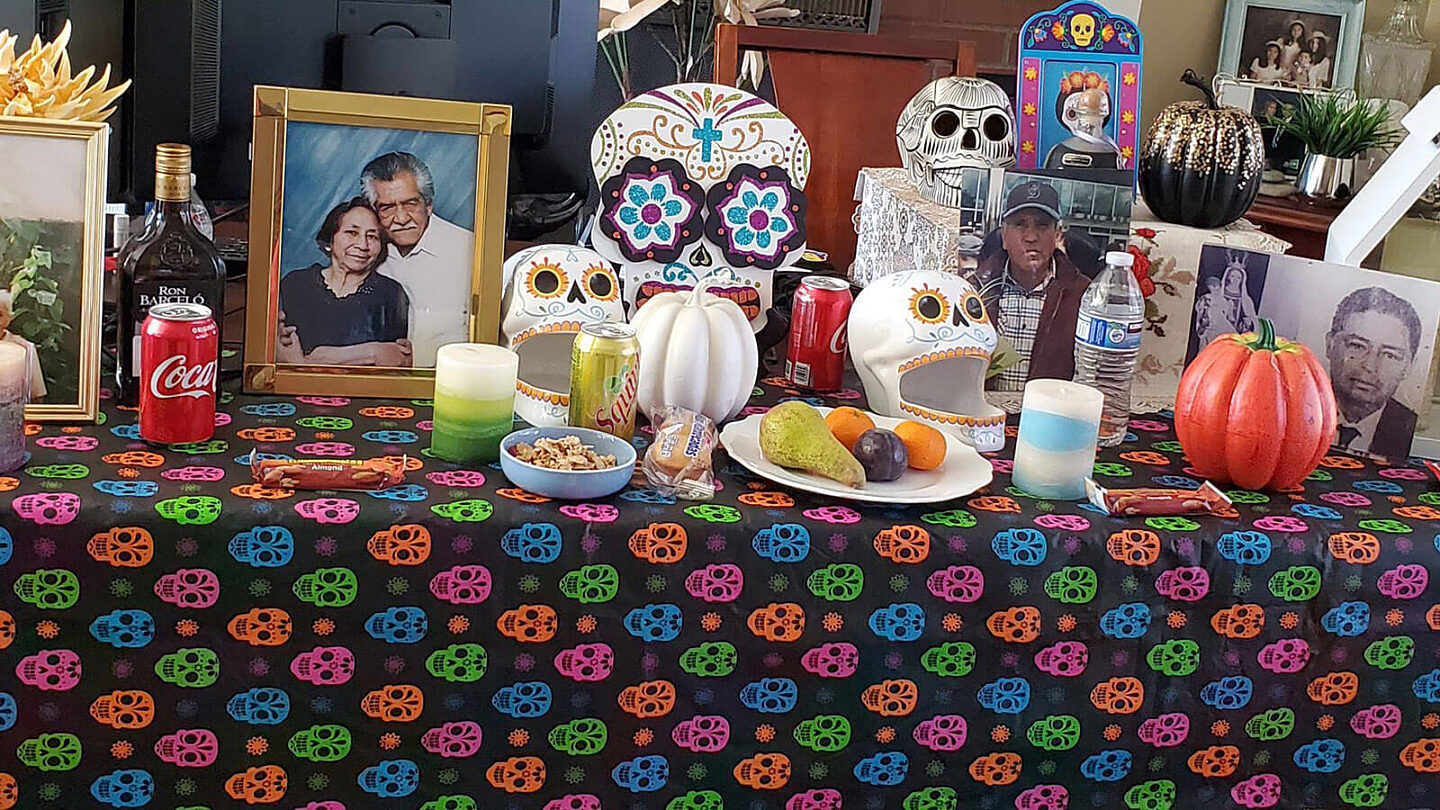 A home altar during the traditional Mexican celebration Día de los Muertos (Day of the Dead).