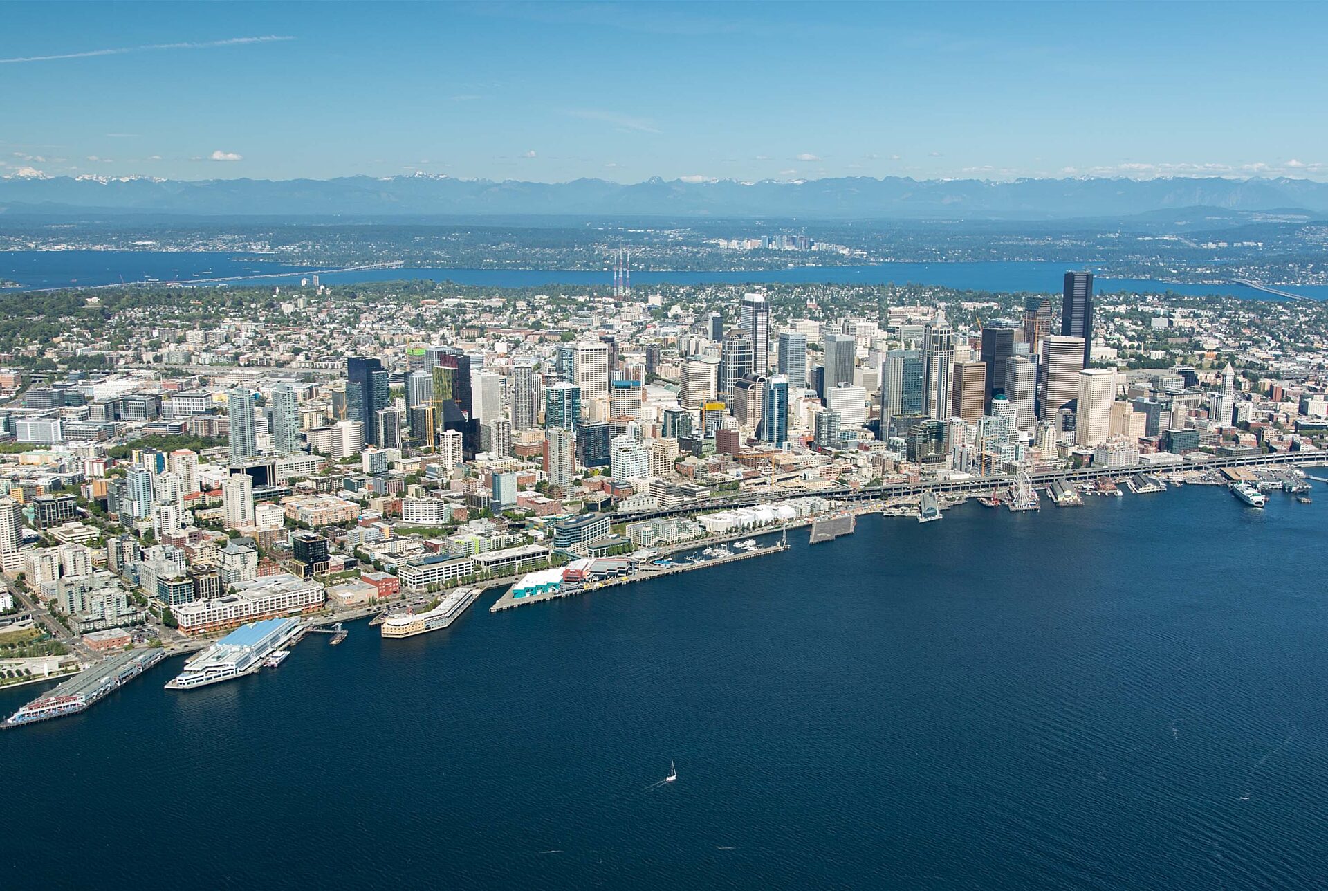 Aerial view of Seattle waterfront with piers.
