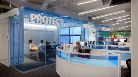 Workstations and smaller meeting room in the Cyber Defense Operations Center at Microsoft