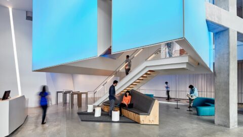 Reception and waiting area with stairs in Microsoft B16 + B17 buildings