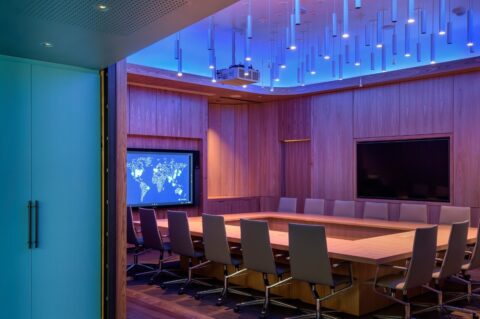 Meeting room with a square conference table in the Cyber Defense Operations Center at Microsoft