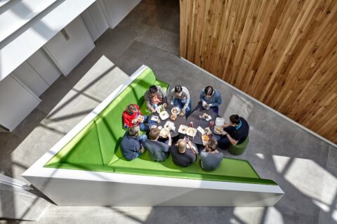 Team lunch in the flexible common space area in Microsoft B16 + B17 buildings