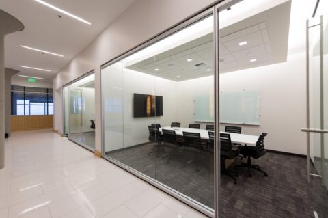 Hallway and meetings rooms in The Labs at 201 Elliott