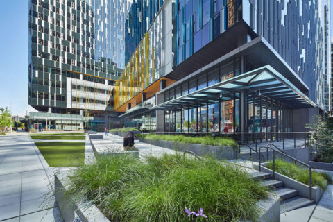 Sidewalk view of Amazon Block 21