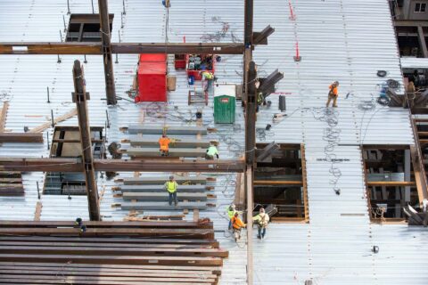 aerial photo of jobsite with steel storage