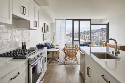 Interior photo of furnished residential space viewing from the kitchen to the living room